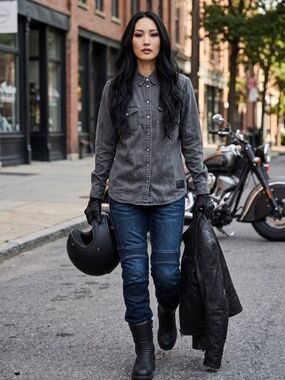 Indian Motorcycle black denim shirt with pearl snap buttons size L